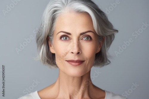 Beautiful gorgeous 50s mid aged mature woman looking at camera isolated on white. Mature old lady close up portrait. Healthy face skin care beauty  middle age skincare cosmetics  cosmetology concept.