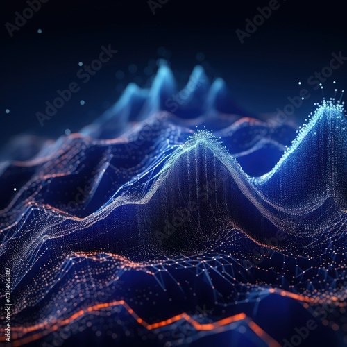 Visualization of sound waves. Abstract futuristic background with colorful glowing neon moving high speed wave lines and bokeh lights. Data transfer concept. Fantastic wallpaper. Generative AI