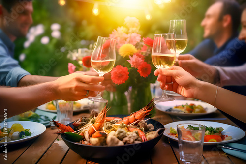 Fotótapéta Grupo de gente feliz almorzando y brindando en una hermosa mesa en el jardín una deliciosa paella