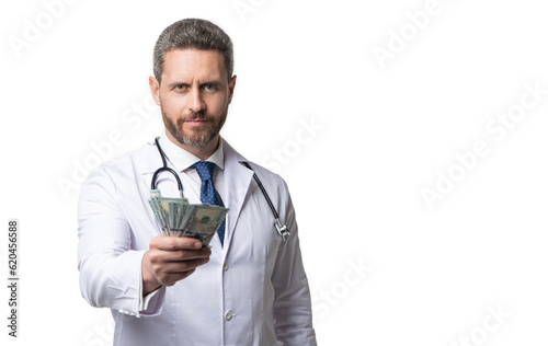 doctor show medical expenses on background, advertisement.