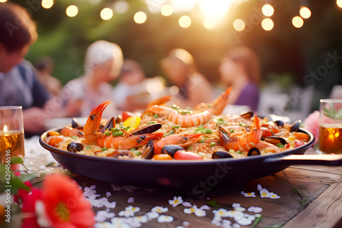 Fototapeta Grupo de gente feliz almorzando en una hermosa mesa en el jardín una deliciosa paella