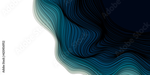 Abstract background fluid wave curve lines with gradient teal blue and black on white background.
