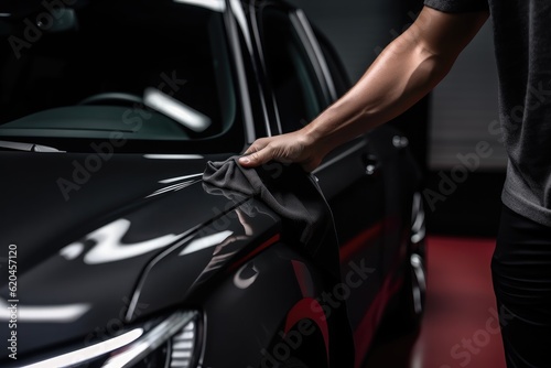 A man cleaning car with microfiber cloth, car detailing (or valeting) concept. Car wash background. © radekcho