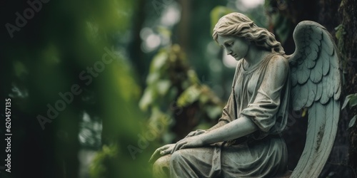 Image with background and place for caption and fragment of tragic sad angel statue at the cemetery Fototapet