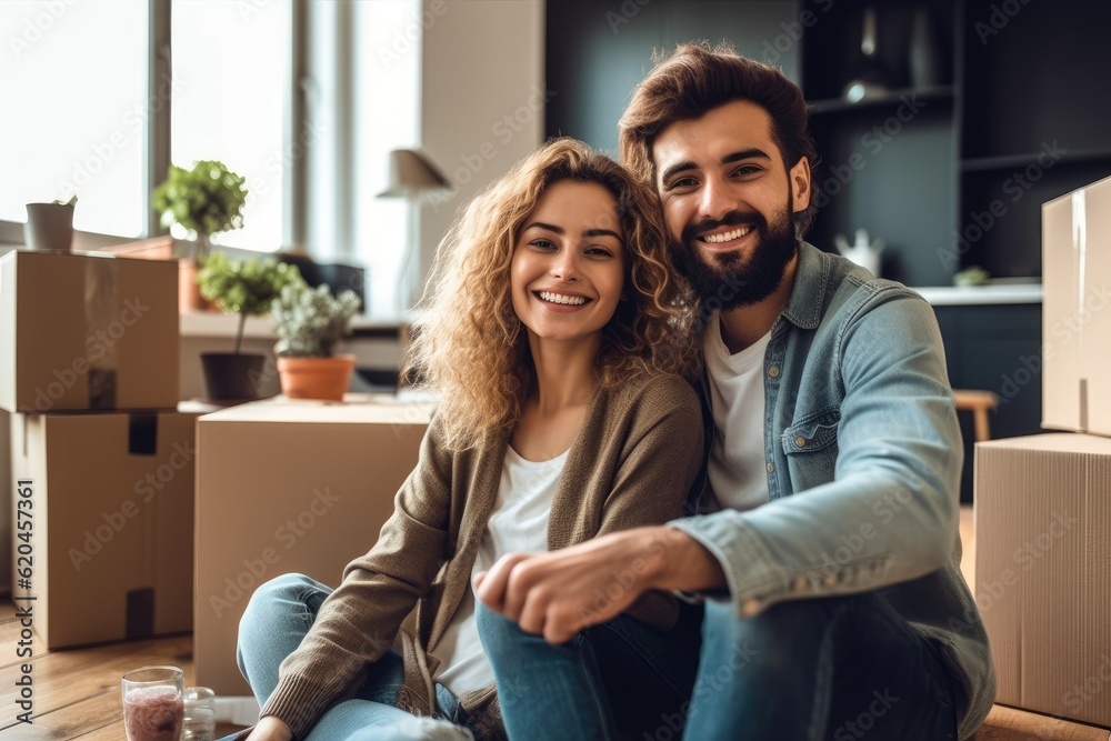 Happy couple having break during moving to new house. Real estate concept. Happy couple having break during moving to new house. Real estate concept.