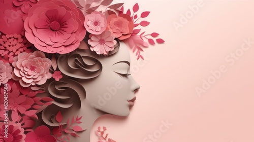Illustration of face and flowers style paper cut with copy space for international women s day