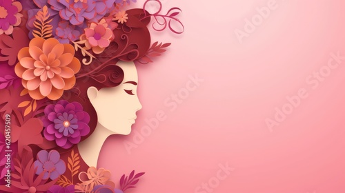Illustration of face and flowers style paper cut with copy space for international women's day © radekcho