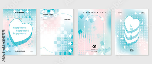 Idol lover posters set. Cute gradient holographic background vector with heart pixel, heart, sparkle, star, halftone. Y2k trendy wallpaper design for social media, cards, banner, flyer, brochure.