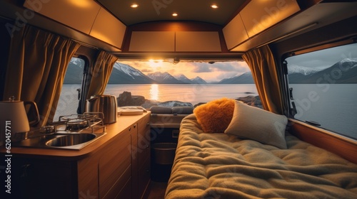 Interior of camper van with beautiful camper van view.
