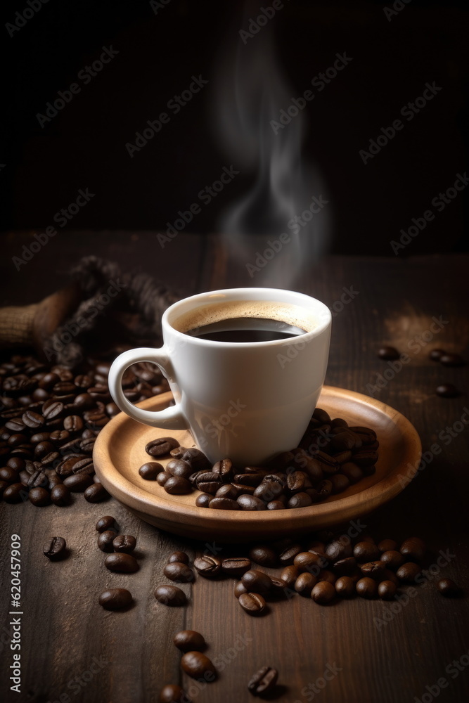 hot coffee with coffee beans on wood table hot coffee with coffee beans on wood table