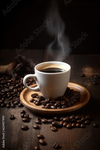 hot coffee with coffee beans on wood table