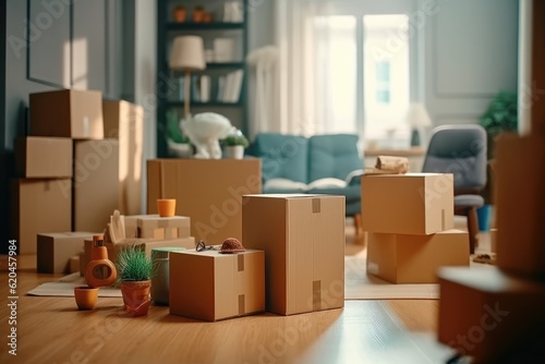 Move concept. Cardboard boxes and cleaning things for moving into a new home. Cardboard boxe background. © radekcho