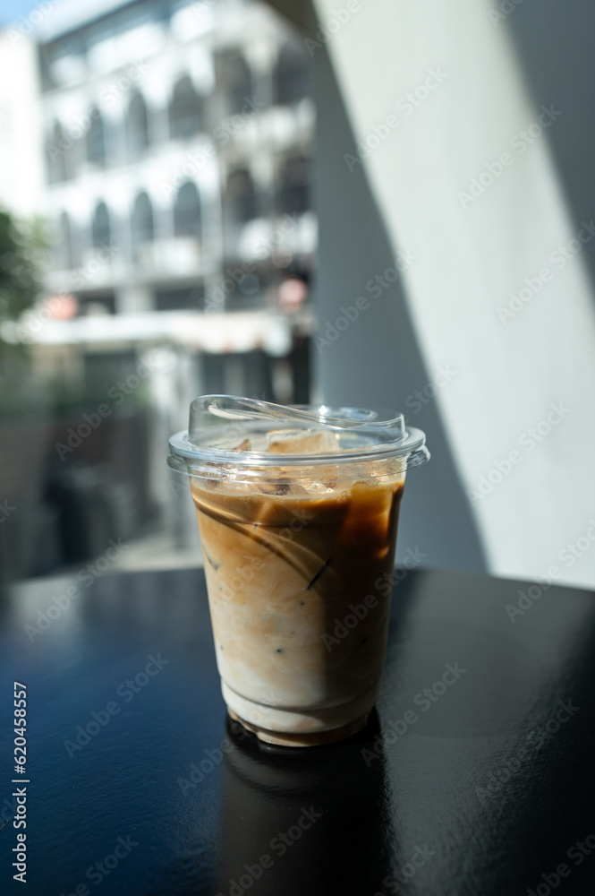 Coffee in a glass on the counter of a coffee shop Coffee in a glass on the counter of a coffee shop