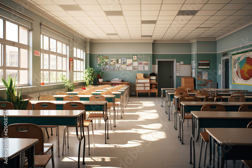 Empty school classroom with blackboard, back to school, education concept, AI Generative. .