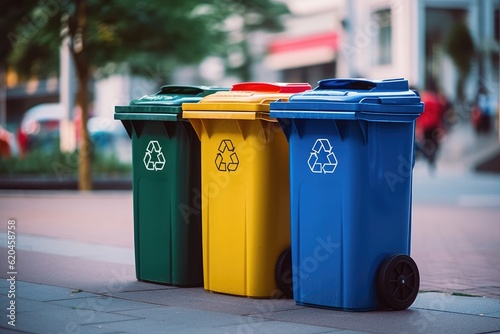 Plastic, glass, metal and paper recycle bins. Trash cans for garbage separation. Recycling concept. photo