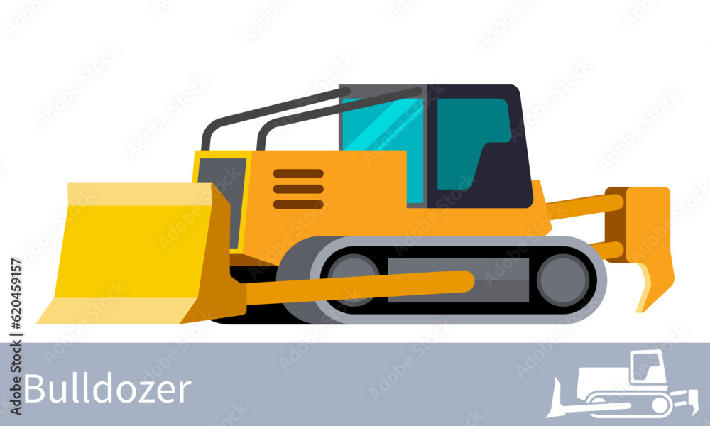 Naklejka premium Bulldozer with log hood guard minimalistic icon. Forestry construction equipment isolated vector. Heavy equipment vehicle. Color icon illustration on white background.