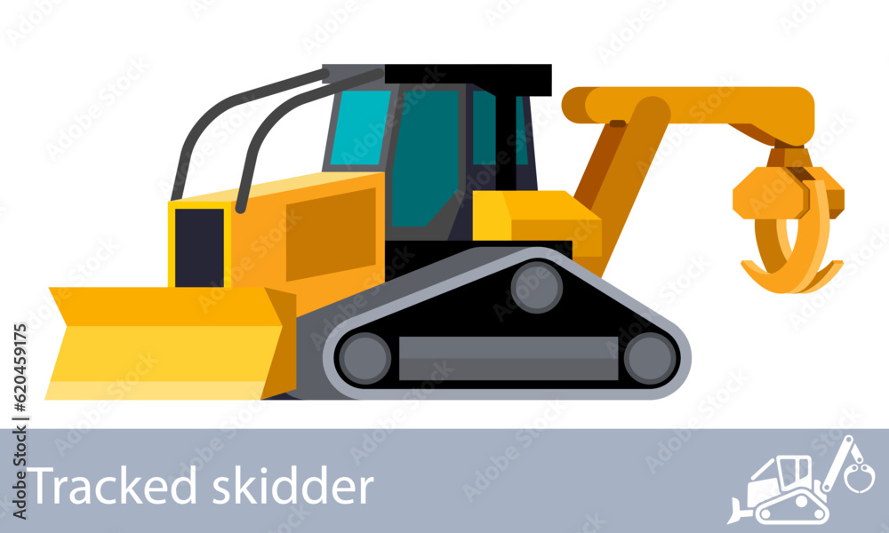 Forestry tracked skidder front side view. Grapple skidder tracked vehicle with log hood guard minimalistic icon. Forestry construction equipment isolated vector. Color icon on white background Forestry tracked skidder front side view. Grapple skidder tracked vehicle with log hood guard minimalistic icon. Forestry construction equipment isolated vector. Color icon on white background