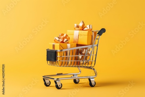 Shopping cart with gift boxes, isolated on yellow background