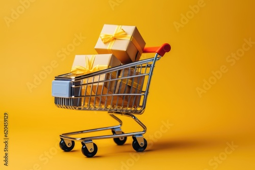 Fotografia, Obraz Shopping cart with gift boxes, isolated on yellow background