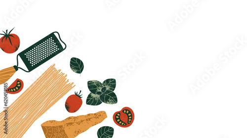 Parmesan and pasta with tomatoes and basil. Textured illustration. Italian food horizontal background.