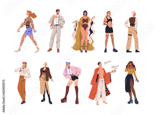 Sexy young men, women in sassy fashion clothes, funky outfits. Cool seductive people wearing teasing sexual apparel in modern style. Flat graphic vector illustrations isolated on white background