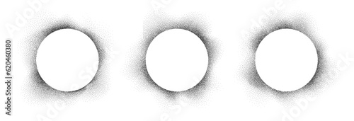 Black spray frames, black dotwork grain texture, abstract stipple sand effect, gradient circle banners from dots isolated on white background. Vector illustration.