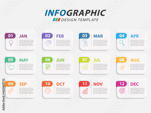 Timeline Creator infographic template. 12 months timeline journey, 1 year calendar infographics design template. presentation graph. Business concept with 12 options or steps, vector illustration.