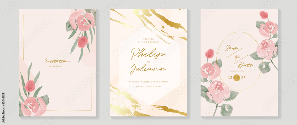 Luxury botanical wedding invitation card template. Watercolor card with gold line art, rose flower, leaves branches, foliage. Elegant blossom vector design suitable for banner, cover, invitation.