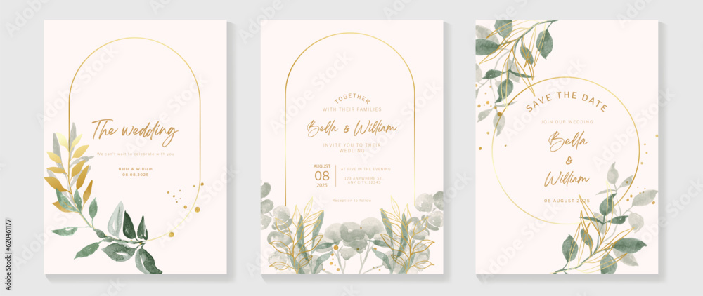Luxury botanical wedding invitation card template. Watercolor card with gold line art, flower, eucalyptus leaves, foliage. Elegant blossom vector design suitable for banner, cover, invitation.