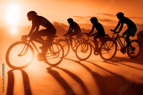 group of sporty men riding bicycles on road on the background of an orange sunset sky. black Silhouette of sport team. bikes racing on sunset sky background. high speed. race sportsmen. generative ai.