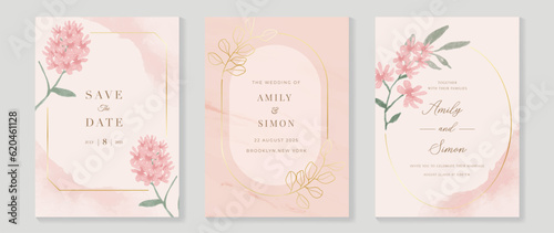 Luxury botanical wedding invitation card template. Watercolor card with gold line art, flower, leaves branches, foliage. Elegant blossom vector design suitable for banner, cover, invitation.
