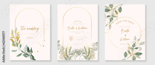 Luxury botanical wedding invitation card template. Watercolor card with gold line art, flower, eucalyptus leaves, foliage. Elegant blossom vector design suitable for banner, cover, invitation. photo