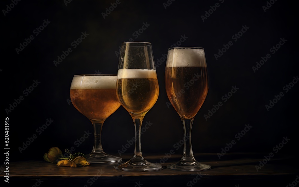 Two glasses of beer on a dark background ai generated