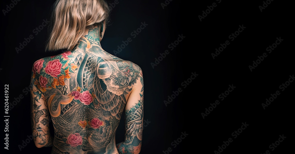 Fototapeta premium Tattoo artist woman Portrait of tattooed full body with black background copy space, creative design