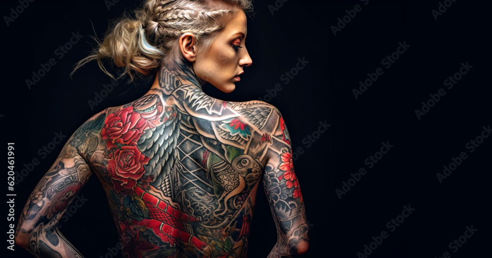 © annebel146 - Tattoo artist woman Portrait of tattooed full body with black background copy space, creative design © annebel146 - Tattoo artist woman Portrait of tattooed full body with black background copy space, creative design