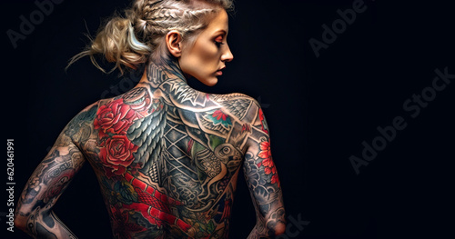 Tattoo artist woman Portrait of tattooed full body with black background copy space, creative design photo