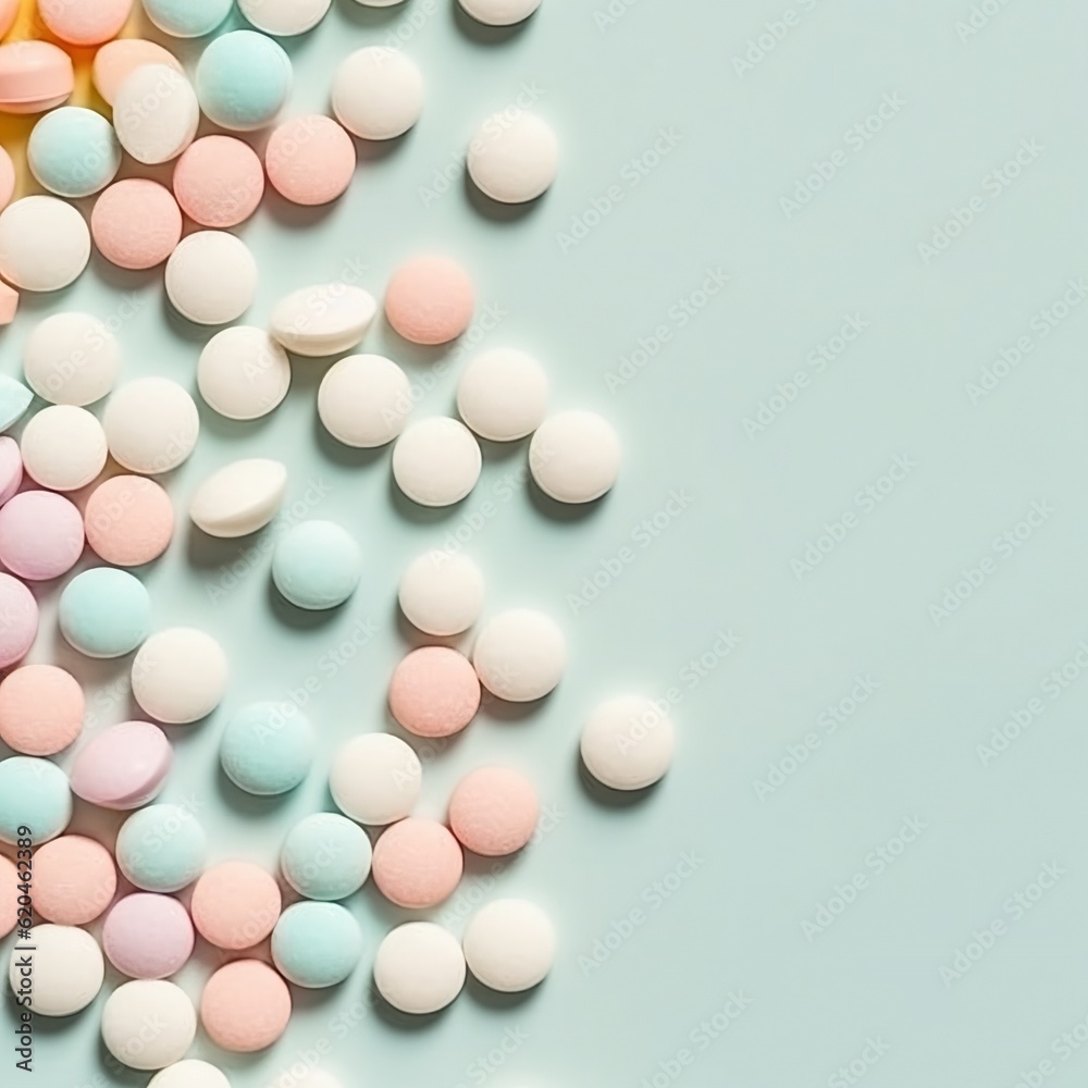 colorful pills on blue pastel background. Capsules pills close-up. health care and medicine. generative ai colorful pills on blue pastel background. Capsules pills close-up. health care and medicine. generative ai