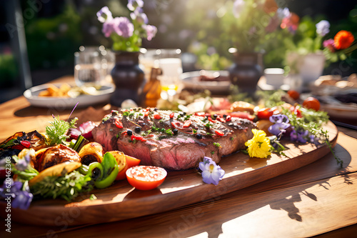 Fotografia Preciosa mesa lista para almorzar carne y chuletón al aire libre en el jardín