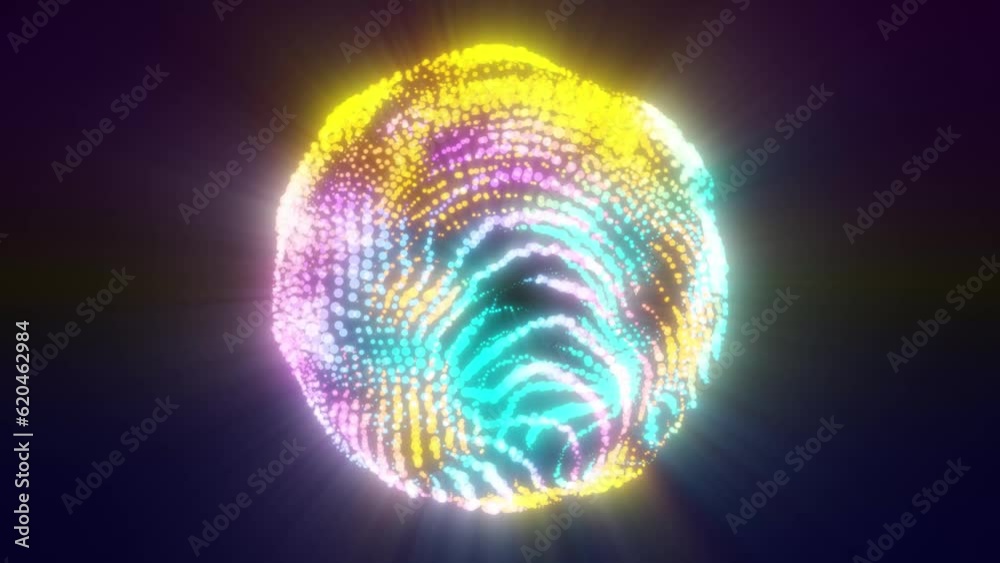 4K looped bright sphere made of particles. Colorful glowing abstract sphere. 3D rendering 4K looped bright sphere made of particles. Colorful glowing abstract sphere. 3D rendering