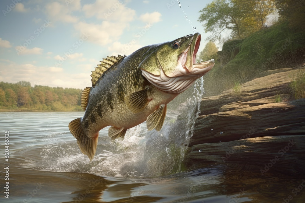 Fototapeta premium Big black bass jumping in the river. Nice specimen for a fisher. Generative AI