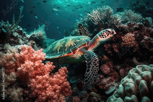 Turtle swimming underwater in the colorful coral reef. Tropical marine life. Generative AI