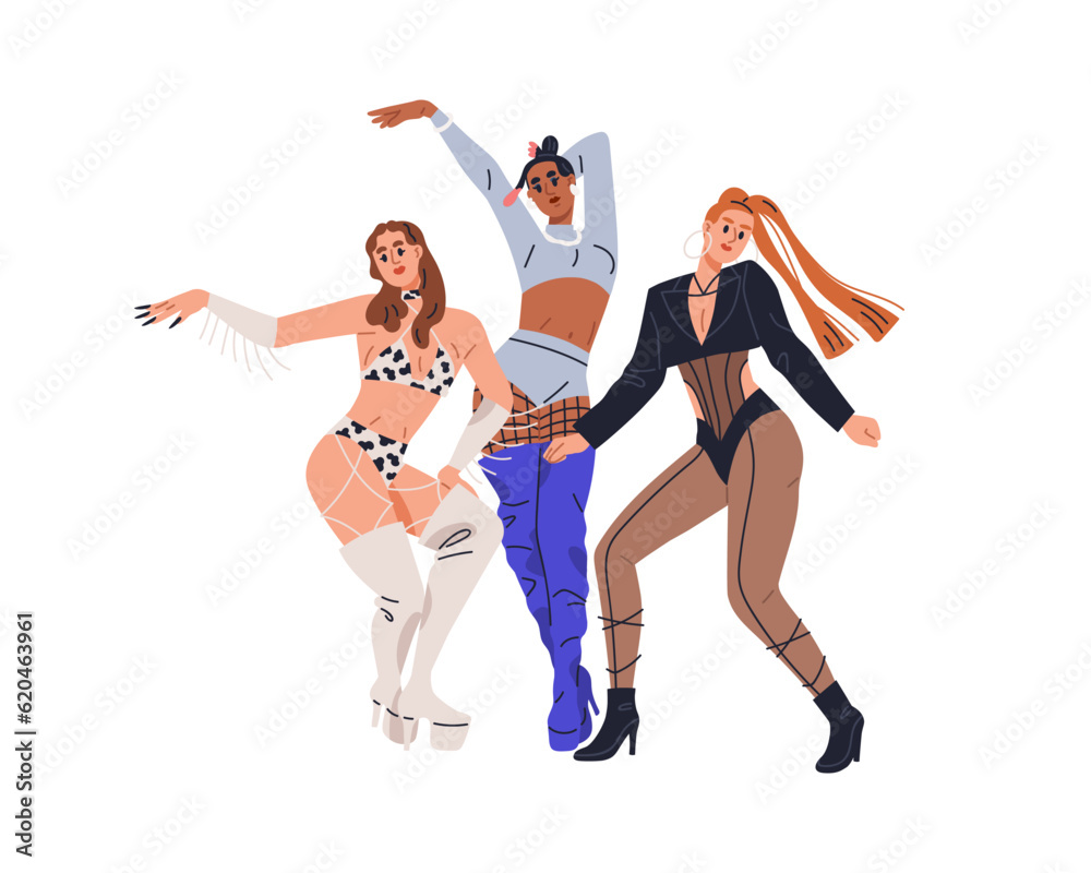 Fashion sexy women dancing in modern vogue style. Trendy sassy young girls dancers group performing in funky outfits, erotic clothes, apparel. Flat vector illustration isolated on white background