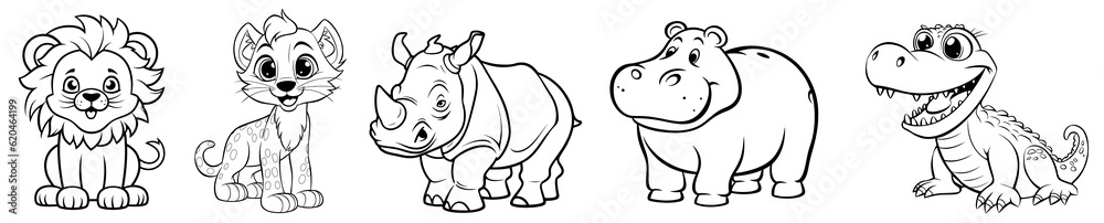 African cute animals - Lion, Cheetah, Hippo, Crocodile and Rhino, simple thick lines kids or children cartoon coloring book pages. Clean drawing can be vectorized to illustration easily. Generative AI