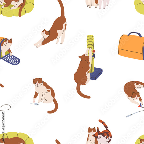 Cute cats life, seamless pattern design. Feline activities, endless backgroun...