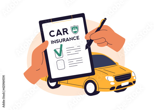 Car insurance policy. Hands checking risk coverage, signing document. Insured auto transport concept. Automobile vehicle safety, protection. Flat vector illustration isolated on white background