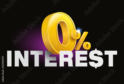 0% interest free and zero commissions for special offers. 3D zero number overlaid on the letters of the word INTEREST. Used for ads about credit cards, banking, online shopping.