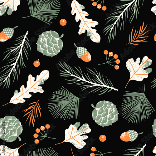 Forest elements retro seamless pattern. Christmas gift wrapping. 