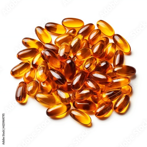 Top view of Gold fish oil isolated for good health on white background. Supplementary food. Omega 3. Vitamin E. Capsules salmon fish oil. generative ai