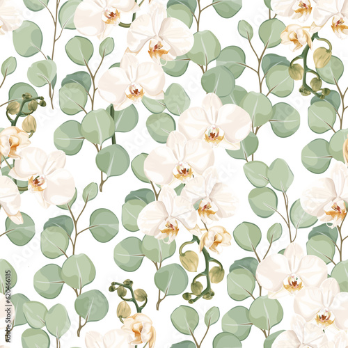 Seamless tropical pattern with white Phalaenopsis orchid flowers and eucalyptus leaves. Stock vector illustration on a white background. photo