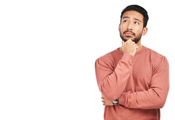 Thinking, face and asian man with decision on isolated, transparent and png background. Why, questions and male person with doubt emoji for choice, consider or confused by solution or problem solving
